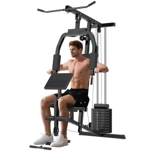 HOMCOM Kraftstation für Zuhause Fitnessstation mit Latzuggerät, Kabelzug, kurzer Bizepsstange, Brustpresse, Beintrainer, Butterfly-Maschine 45kg Gewichten Multifunktion Fitnessstation Schwarz