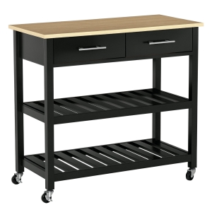 HOMCOM Chariot de service desserte de cuisine à roulettes 2 étagères 2 tiroirs noir bois naturel