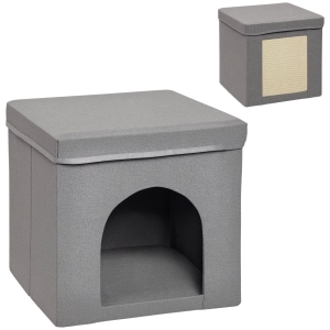 PawHut Niche Chat Cube Pliable Tissu Lin 36,5cm Gris