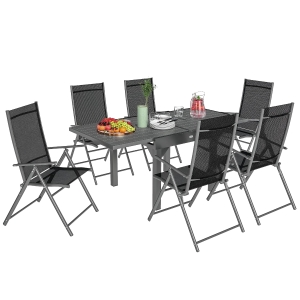 Outsunny Set de Grădină din 7 Piese cu Masă Extensibilă și 6 Scaune Pliabile cu Brațe, 90/180x90x75 cm, Gri și Negru