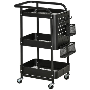 HOMCOM Carrito Auxiliar con Ruedas Carro de Almacenaje Multifuncional con 4 Ganchos y 2 Cestas Colgantes 51,5x32x75,6 cm Negro