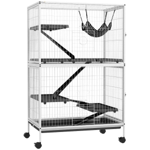 PawHut Gaiola para Roedores 80x52x128 cm Casa de 4 Alturas com Rampas Suspensa Rede Bandeja Removível Rodas Branco Rajado e Preto