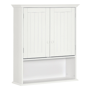 kleankin Armario Baño de Pared con 2 Puertas Estante Interior Ajustable y Compartimento Abierto Mueble Auxiliar Suspendido Multiusos para Cocina 60x20x70,5 cm Blanco