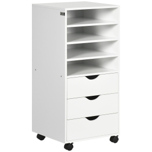 Chariot de bureau Vinsetto avec 4 roues, 4 étagères, 3 tiroirs, classeur de documents en bois MDF, 38x40x86,8 cm, blanc