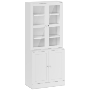HOMCOM Modern Bookcase with Glass Doors, Display Storage Cabinet with Adjustable Shelves for Living Room, Study, Home Office, Kitchen Cupboard with Small Open Counter, White