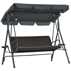 Outsunny Columpio de Jardín de 3 Plazas con Toldo Ajustable Portavasos y Bandejas Carga 320 kg 204x112x150 cm Gris