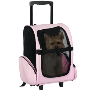PawHut Trasportino Zaino 2 in 1 per Cani e Gatti con Tasche Laterali, Maniglia Telescopica e Ruote, 42x25x55cm, Rosa