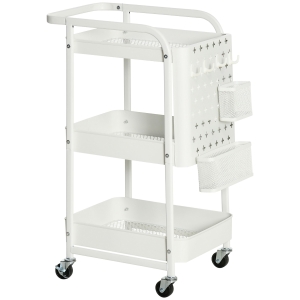 HOMCOM Carrito Auxiliar con Ruedas Carro de Almacenaje Multifuncional con 4 Ganchos y 2 Cestas Colgantes 51,5x32x75,6 cm Blanco