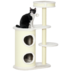 PawHut Arbre à chat 2 griffoirs sisal naturel niche cylindrique 2 plateformes pompon suspendu peluche blanc crème