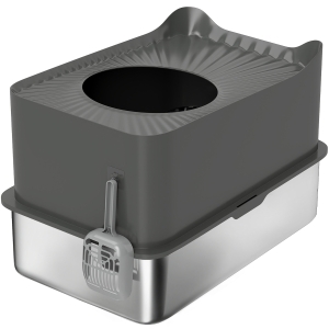 PawHut Stainless Steel Cat Litter Tray, Extra Large Enclosed Litter Box with Scoop, Top Entrance, Non-slip Pads, Dark Grey