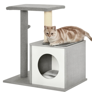 PawHut Holz Kratzbaum Katzenbaum Kletterbaum für Katzen, Kätzchen Möbel mit Katzenhöhle, Spielhaus, Katzenspielzeug und Plüschkissen Grau&Weiß 59x39x62 cm