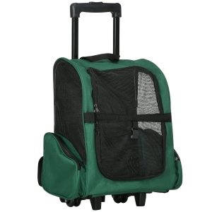 PawHut Transportín 2 en 1 para Mascotas Mochila o Carrito de Viaje para Perro y Gato con 2 Ruedas con Asa retráctil de Aluminio y Bolsillos 42x25x55 cm Verde