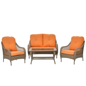 Outsunny Set Mobili da Giardino in Rattan PE con 2 Poltrone Divano a 2 Posti e Tavolo e Cuscini, Colore Khaki e Arancione