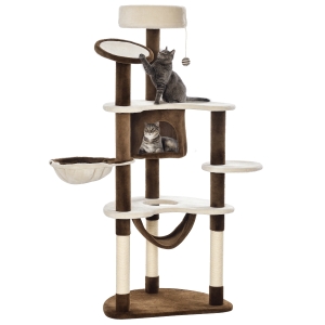 PawHut Arbre à chats centre d'activités griffoirs grattoir sisal niche hamac plateformes boule suspendue revêtement peluche courte 65L x 50l x 153H cm beige café