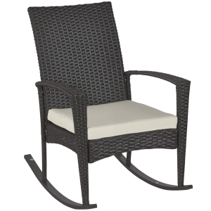 Outsunny Schaukelstuhl Schwingsessel Gartenstuhl mit Kissen , Polyrattan+Metall, Braun+Cremeweiß, 66 x 88 x 98 cm