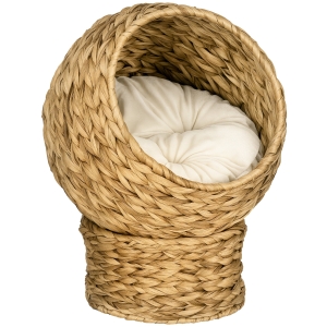 PawHut Rattan Katzenkorb Katzenhöhle Katzenhütte Katzenbett mit Kissen Haustierbett Wasserhyazinthe Braun 42 x 33 x 52 cm