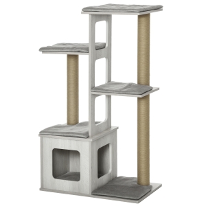 PawHut Arbre à chats design contemporain griffoirs grattoirs sisal naturel niche plate-formes 6 coussins MDF bois gris