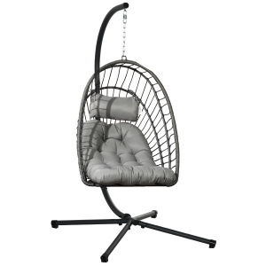 Outsunny Fauteuil suspendu de jardin chaise hamac résine tressée panier pliable avec matelas support en métal et appui-tête gris