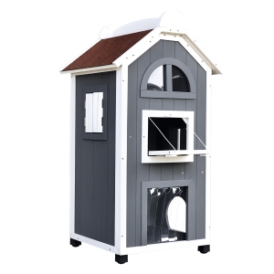 PawHut Katzenhaus für Katzenbett oder Katzentoilette, Katzenschrank, Katzenklo Indoor, Tannenholz, Asphaltdach, Grau, 59 x 55 x 109 cm