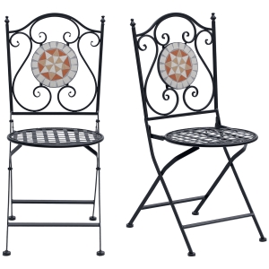 Outsunny Set de 2 Sillas Plegables de Jardín Bistro Silla Asiento Mosaico para Terraza Balcón Metal Carga 120 kg 50x40x94,5 cm Negro