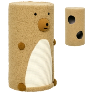 PawHut Kratztonne im Bärendesign, 2 Katzenhöhlen, 1 Kratzfläche, Weiß + Braun