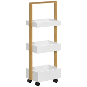 HOMCOM Carrito de Baño con Ruedas y 3 Cestas Carrito Auxiliar Multifuncional de Madera de Bambú 28x18x75 cm Blanco