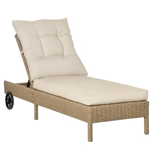 Outsunny Sonneliege aus PE-Rattan, Gartenliege, verstellbare Rückenlehne, abnehmbare Polster, Natur + Cremeweiß