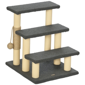 PawHut Katzentreppe, Kratzbaum, drei Stufen, Spielball, grau+holzfarben, 45 x 40 x 48cm