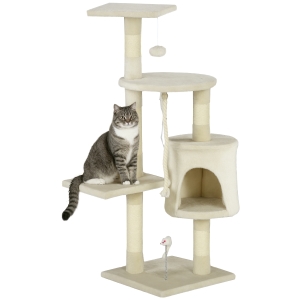 PawHut Rascador para Gatos Altura 116 cm Árbol para Gatos Torre de Escalada con Postes Rascadores de Sisal Cueva Plataformas y Juguetes Divertidos Colgantes Beige