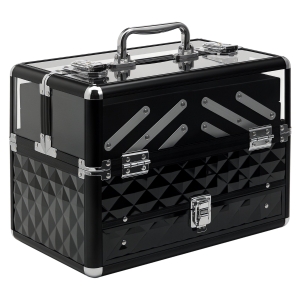 HOMCOM Maletín de Maquillaje Bisutería Organizador Cosméticos Portátil Múltiples Niveles Con Asa y Bandejas Desplegables Aleación de Aluminio 30x18,5x22 cm Transparente y Negro