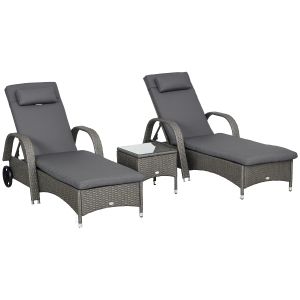 Outsunny Sonnenliege Gartenliege Tisch 3er-Set Gartenmöbel, Polyrattan+Metall Grau+Dunkelgrau