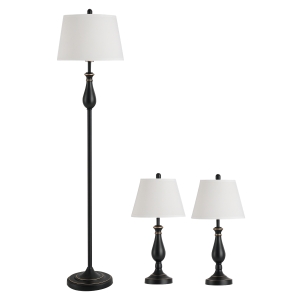 HOMCOM 3er-Lampenset 2 Tischlampe(ø30 x 62H cm) + 1 Stehlampe(ø38 x 158H cm) Vintage, Schwarz+Weiß, Metall, PS, Polyester, Baumwolle E27 Lampensockel