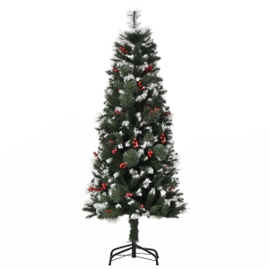 HOMCOM Árvore de Natal Artificial 150cm Ignífugo com 360 Ramos 38 Bagas Folhas de PVC Base Dobrável e Suporte Metálico Verde