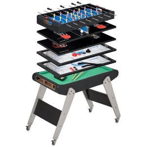 HOMCOM Mesa Multijuegos 6en1 para Niños de +7 Años con Ruedas Billar Futbolín Ping-Pong Anillas Hockey 120x88x79cm Negro