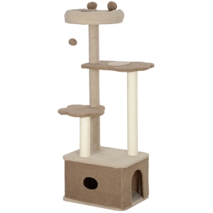 PawHut Árbol Rascador para Gatos Altura 133 cm Torre para Gatos con Nido Plataformas Bola Colgante y Poste de Yute Café