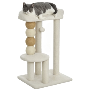 PawHut Torre per Gatti con Lettino, Piattaforma e Pallina Giocattolo, in Legno, Peluche e Iuta, 48.5x40x76 cm, Beige
