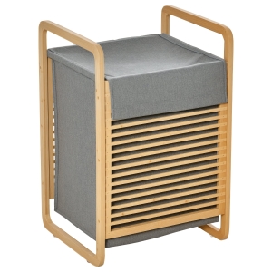 HOMCOM Cesto para Ropa Sucia de Bambú Cesto Rectangular de Ropa Portátil con Tapa y Bolsa Extraíble Mueble de Baño Dormitorio 40x35,5x60,5 cm Color Natural y Gris