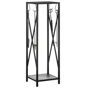 Outsunny Estante de Leña Metálico Leñero de Exterior con Ganchos Pala Cepillo Atizador y Tenazas Carga 65 kg 34x34x111 cm Negro