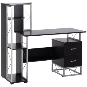 HOMCOM Bureau informatique design industriel 133L x 155l x 123H cm multi-rangements bibliothèque 3 étagères + 2 tiroirs MDF métal MDF noir