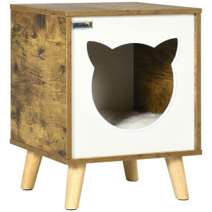 PawHut Caseta de Madera para Gatos Casa para Gatos Interior con Cojín Lavable y Patas Elevadas 34x34x44,5 cm Marrón