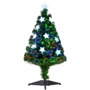 HOMCOM Sapin de Noël Artificiel Lumineux 90H cm Fibre Optique LED Multicolore + Support Pied 90 Branches étoile Sommet Brillante Vert