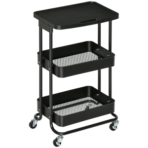 HOMCOM Carrito Auxiliar con Ruedas Carro de Almacenaje de 3 Niveles  para Baño Cocina Dormitorio Oficina 46x34,5x76,5 cm Negro