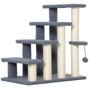 PawHut Échelle Chats 4 Niveaux Griffoir Balle Suspendue Gris 60cm