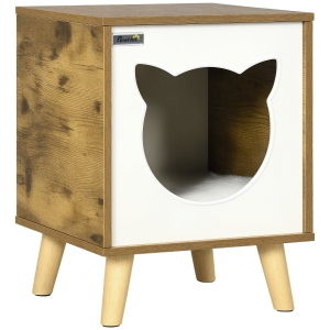 PawHut Caseta de Madera para Gatos Casa para Gatos Interior con Cojín Lavable y Patas Elevadas 34x34x44,5 cm Marrón