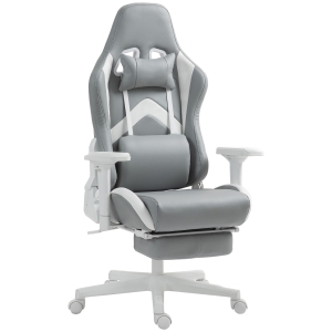 HOMCOM Silla Gamer Reclinable con Altura Ajustable Reposapiés Retráctil Soporte Lumbar y Reposacabezas Gris Claro y Blanco
