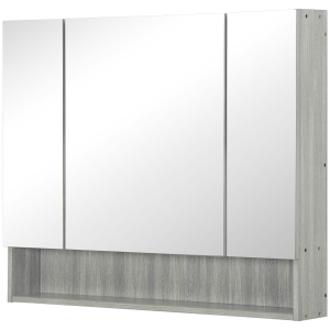 kleankin Armoire murale salle de bain avec miroir, armoire de toilette 3 portes miroir, étagères réglables, 90x15x75cm, gris
