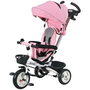 HOMCOM 6-in-1 Kinderdreirad mit Schiebestange, Dach, Gurt, Ablagekorb, 18+ Monate, Rosa