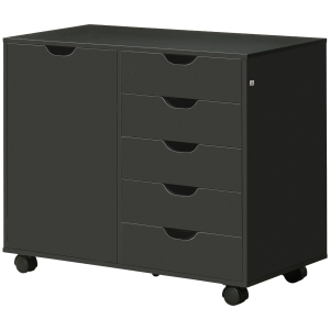 HOMCOM Bürowagen mit 5 Schubladen 1 Tür verstellbarem Regal, Druckerstand auf Rollen, 78x40x66,5 cm, Schwarz