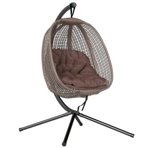 Outsunny Sillón Colgante con Efecto Imitación Ratán Soporte de Acero Cesta Plegable Bolsa de Taza y Cojines Carga 120 kg Café