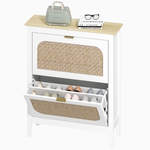 HOMCOM Schmaler Schuhschrank mit 2 Rattan-Türen Verstellbare Regale für 14 Paare Schuhe 80x24x95,5 cm Weiß